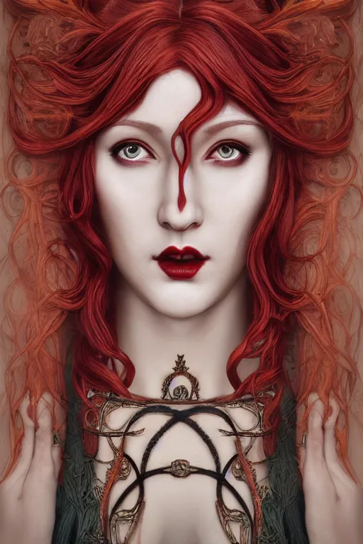 Image similar to art nouveau goddess face and red hair : : horror : : framed in art nouveau scroll work : : perfect female face : : vfx, postprocessing, cgsociety, 8 k, high resolution, enhanced 8 k render, sharp details, hyperrealistic, cinematic, moody, insane details, high resolution, movie concept art