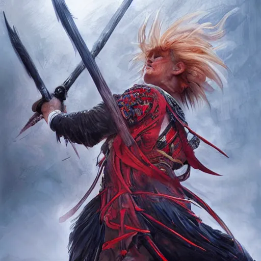Image similar to an epic portrait of a person looking like donald trump wielding a spear, magical aura of insanity, intricate hakama, poofy red wig, eerie, highly detailed, dark fantasy, art by artgerm and greg rutkowski