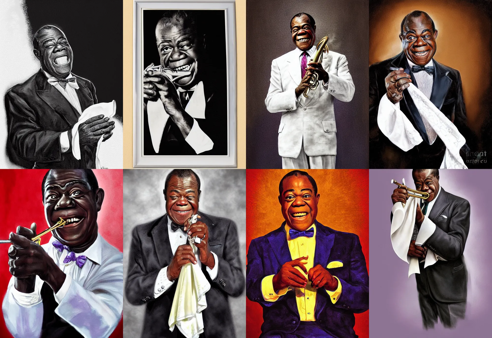 Prompt: a portrait of louis armstrong holding a white handkerchief, by neale worley, dramatic lighting, highly detailed digital painting