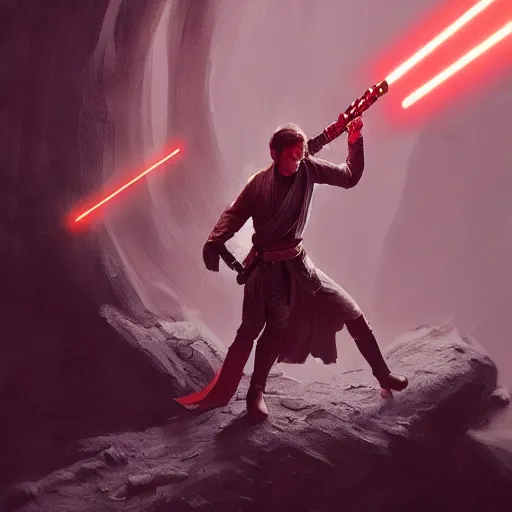Image similar to a jedi wielding a lightsaber - axe while fighting a sith, by greg rutkowski, intricate details, cinematic, artstation, 4 k