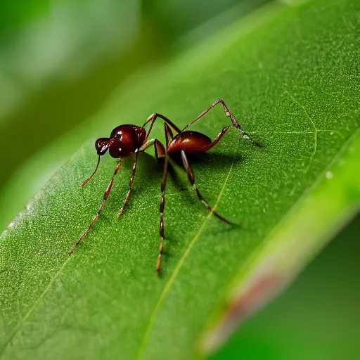 Image similar to cybernetic ant on a green leaf, macro photography, 8 k, cinematic lighting, shallow depth of field,