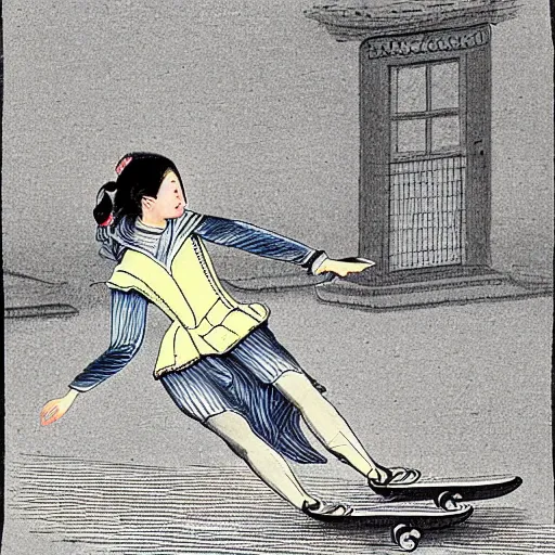 Image similar to lady skateboarding, high detail, 1 9 th century illustration by uijung kim
