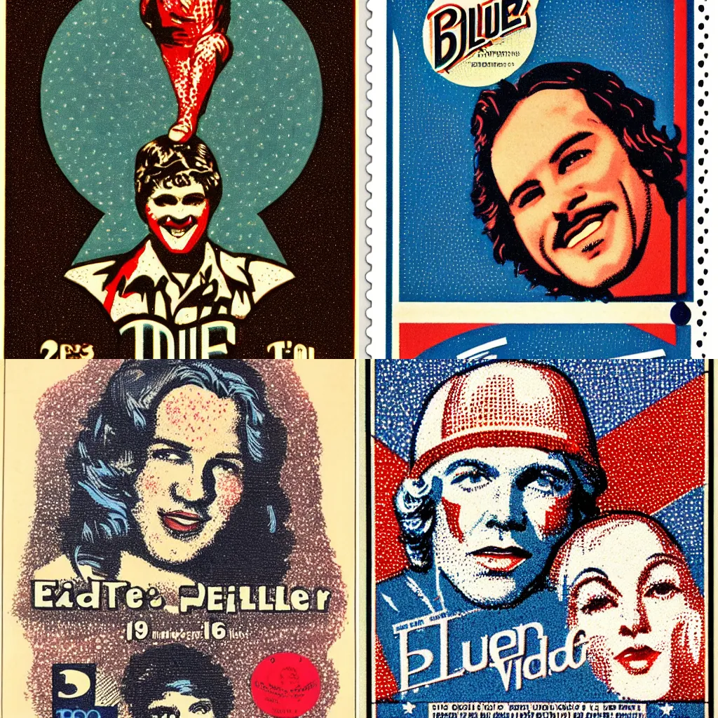 Prompt: pointillism stamp, vintage, precise stippling, cross - hatching, face of eddie vedder, blue and red two - tone, retro label, vintage art deco, 1 9 2 0 s advert