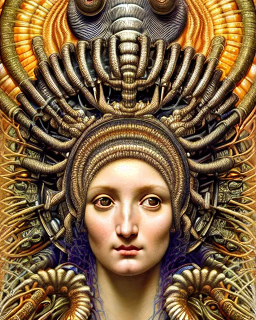 Image similar to hyperrealistic detailed face portrait of the beautiful goddess of the giant isopods with an intricate golden ornamental geometrical giant isopod headdress, art by ernst haeckel, john william godward, android jones, h. r. giger, gothic - cyberpunk, ornamental, dimmed pastel colours,