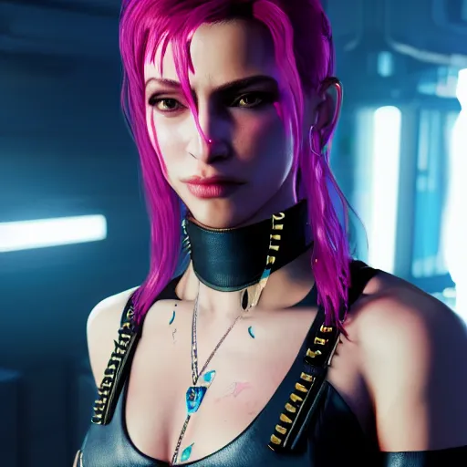 Prompt: female V from Cyberpunk 2077 wearing spiked choker, collar, choker, punk, collar, 4K, realistic, futuristic, spiked collar, artstation, wallpaper,