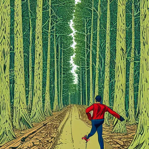 Prompt: Very highly detailed a guy in acid-green athletic sneakers runs through a forest with tall trees, a shot from the back in perspective, art by Dan Mumford