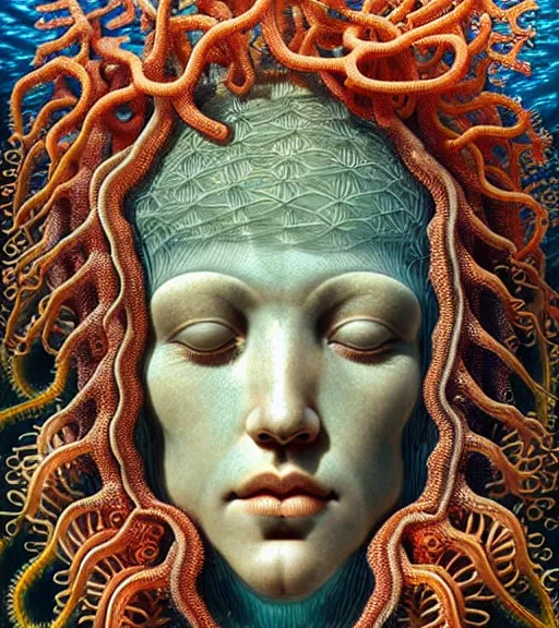 Image similar to hyperrealistic detailed underwater face portrait of the beautiful god of the jellyfish with an intricate headgear of corals, sea kelp, sea plants, fish, starfish, jellyfish, art by ernst haeckel, victor ngai, john william godward, gothic, neo - gothic, ornamental, beautiful deep colours,