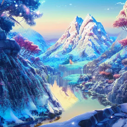 Image similar to the aesthetic view of the beautiful, grand, wistful, dreamy snowcapped mountain at dusk, hyperrealistic anime illustration by iralki nadar, colorful, extremely detailed, intricate linework, super sharp focus, bright colors, octopath traveler, studio ghibli, unreal engine 5 highly rendered, global illumination, radiant light, detailed and intricate environment