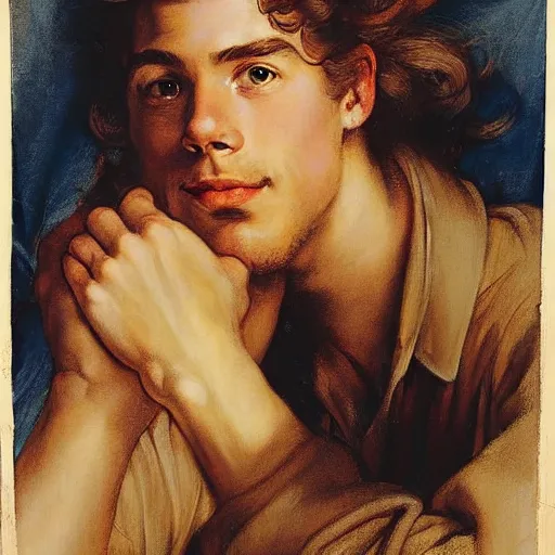 Image similar to beautiful portrait painting of Jim Hawkins from Treasure Planet with long curly blond hair, delicate young man wearing an open poet shirt smiling sleepily at the viewer, symmetrically parted curtain bangs, in love by Peter Paul Rubens and Norman Rockwell