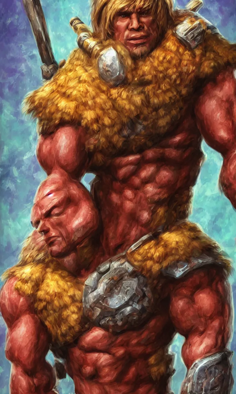 Prompt: hyper realistic half body portrait of heman, vivid color scheme