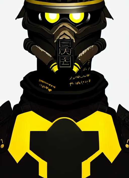 Image similar to a portrait of a vicious helldiver scout soldier, black armor with yellow accents, closeup on face, ilya kuvshinov, pop - art, pixiv top monthly, trending on artstation, cinematic, danbooru, zerochan art, kyoto animation