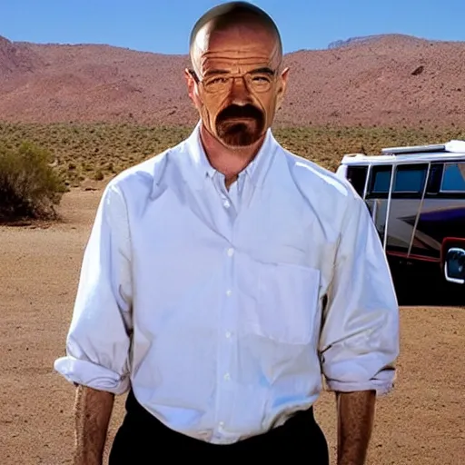 Prompt: walter white. standing beside an rv. backround: desert,