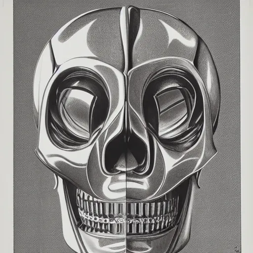 Prompt: “A robot skull with a mirror finish, held by a shiny robot hand; Showing subtle reflection of the room; Artist, Maurits Cornelis Escher, Dutch, 1898-1972 ;Date, 1935 ; Lithograph printed in black ink on wove paper; Detailed gallery print”