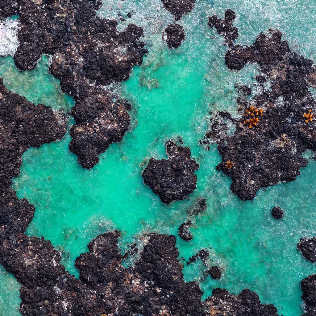 Image similar to birds eye view tide pools, clear pools of water with swirling sea foam and colorful anemones, dark black volcanic rock, floating kelp, small fishes, octopus