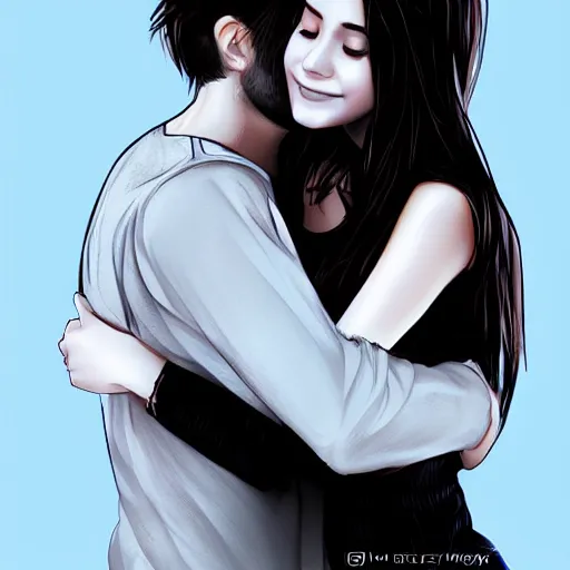 Prompt: A beautiful girl hugs with her boyfriend, deep love, digital art, artstation