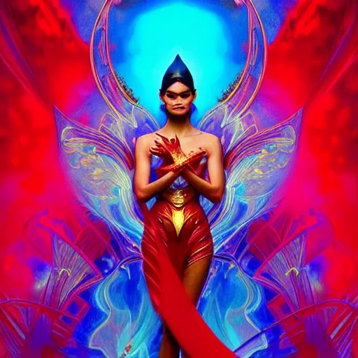 Image similar to pia wurtzbach as darna, volumetric lights, red and cyan theme, art nouveau botanicals, intricate, highly detailed, digital painting, artstation, concept art, smooth, sharp focus, cinematic, illustration, beautiful face, art by artgerm and greg rutkowski and alphonse mucha