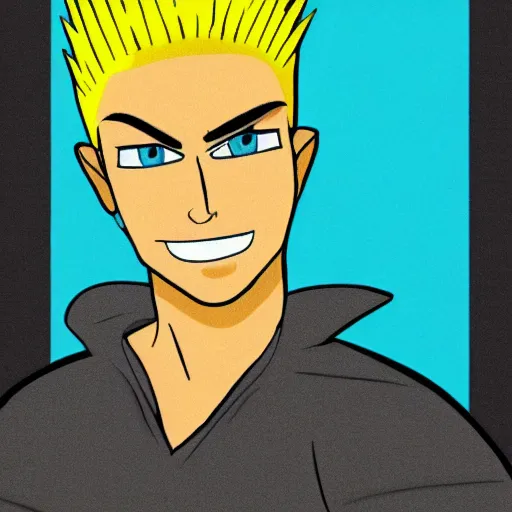 Prompt: cartoon drawing of a yellow hair blue eyed chad with a mohawk on a yellow background