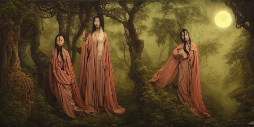 Prompt: wuxia, forest, moonlight, gemma chen, madison beer, angela sarafyan, pinup, intricate beautiful faces, surrealistic painting by agostino arrivabene, vanessa beecroft, anka zhuravleva, mary jane ansell, peter mohbacher, gerald brom