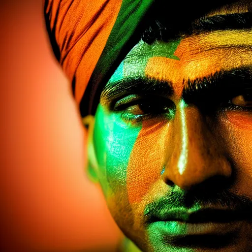 Prompt: a dramatic photograph of an indian soldier, indian national tricolor painted across his face, cinematic lighting