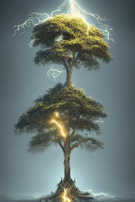 Image similar to a tree with lightning for leaves, overexposure, electricity, night, unreal engine, digital art, 8 k, oil painting, fantasy art, illustration, detailed and intricate environment