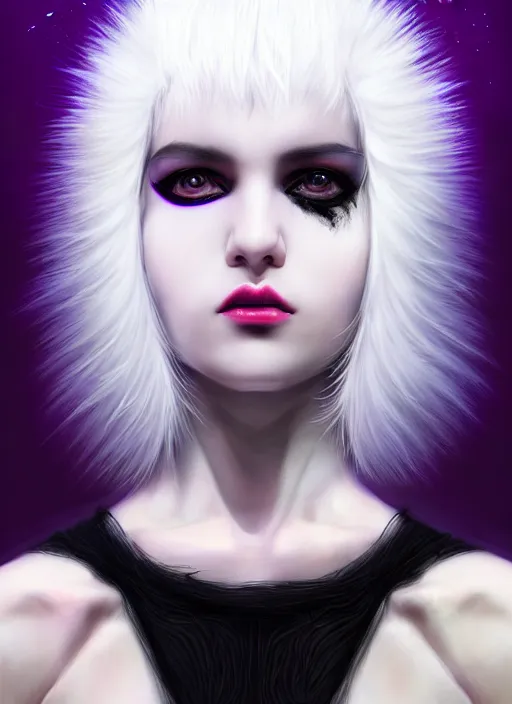 Image similar to whitebangs, black hair, black cyberlox, portrait of normal teenage girl, normal face, white bangs, fluffy bangs, cyberlox, whitebangs, red contact lenses, purple background, intricate, elegant, highly detailed, digital painting, artstation, concept art, sharp focus, smooth, illustration, art by wlop, mars ravelo and greg rutkowski