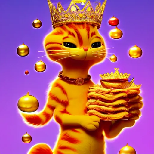 Image similar to fullbody!! personification of garfield the cat as a goddess holding lasagna wearing a crown of gleaming gems, stunning, hyperrealistic, trending on artstation, smooth and sharp, intricate, fine details, elegant, religious, dynamic pose, detailed and intricate environment, professional character concept art by tatyana kupriyanova and greg rutkowski and raymond swanland