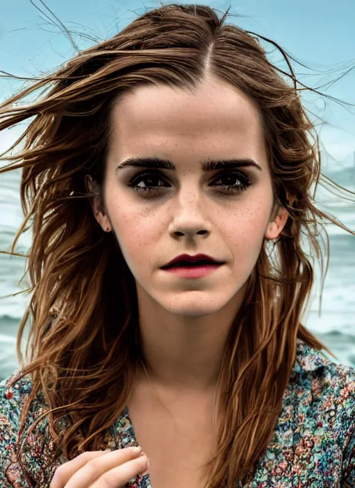 Image similar to Emma Watson for Victorian Secret, perfect face, hot summertime hippie, psychedelic swimsuit, lies, sandy beach, cloudy day, full length shot, shooting angle from below, XF IQ4, 150MP, 50mm, f/1.4, ISO 200, 1/160s, natural light, Adobe Photoshop, Adobe Lightroom, DxO Photolab, Corel PaintShop Pro, rule of thirds, symmetrical balance, depth layering, polarizing filter, Sense of Depth, AI enhanced