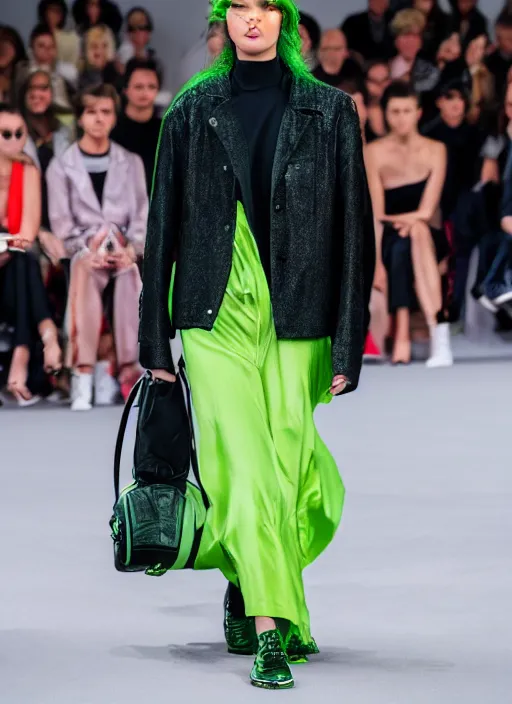 Prompt: hyperrealistic and heavy detailed balenciaga runway show of slimer, leica sl 2 5 0 mm, vivid color, high quality, high textured, real life