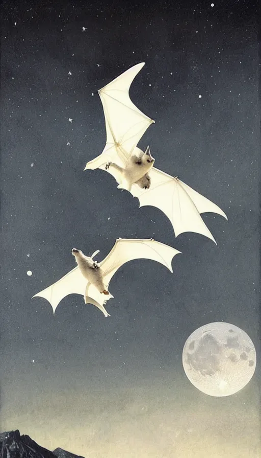 Image similar to a white bat, flying against a dark black night sky, mountain in the background, moonlight, denoised, very detailed, painted by, norman rockwell, tom bagshaw