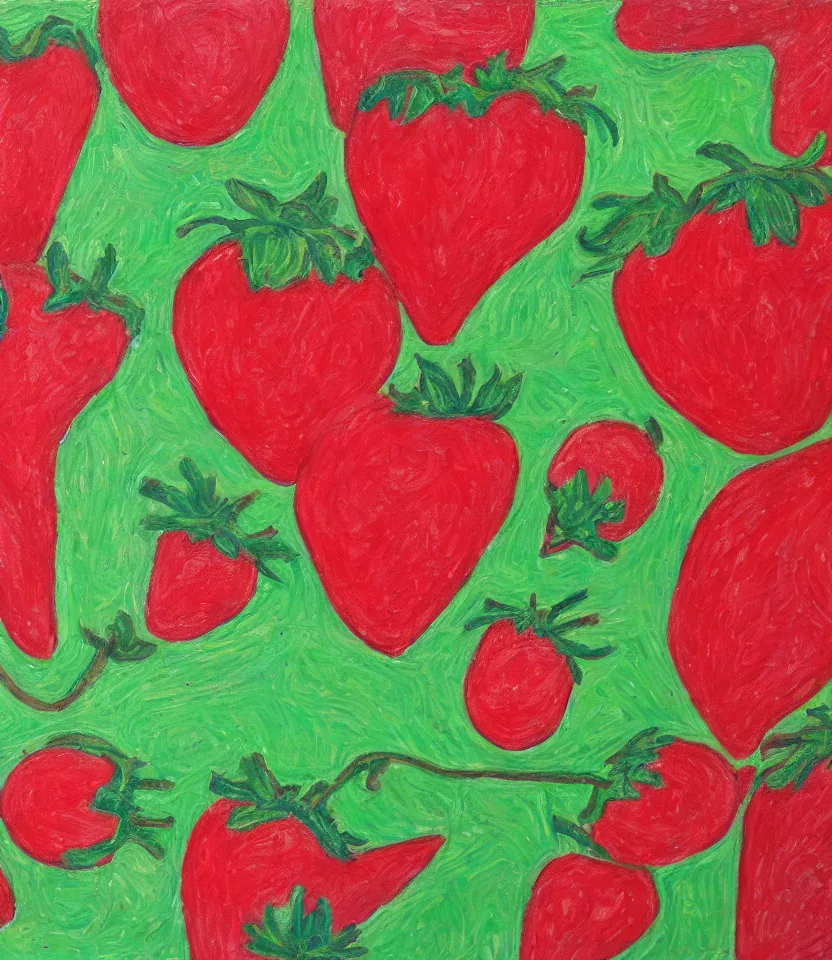 Prompt: the long red heart of a strawberry outsider art oil on paper