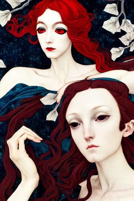 Image similar to a triad of winter muses, style blending æon flux, shepard fairey, botticelli, ivan bilibin, and john singer sargent, inspired by pre - raphaelites, shoujo manga, and harajuku fashion, stark landscape, muted dark colors, superfine inklines, ethereal, otherworldly, 4 k photorealistic, arnold render