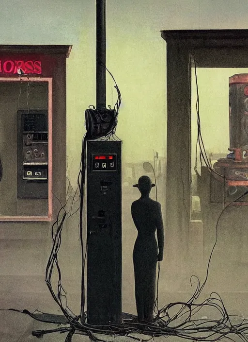 Prompt: 2 dark figures like statues covered in wires at a gas station with portable oxygen tank in the style of Edward Hopper and Francis Bacon and Norman Rockwell, Zdzislaw Beksinski, highly detailed, very coherent