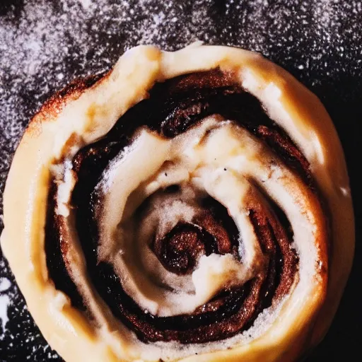 Prompt: photo of a cinnamon roll eating a man