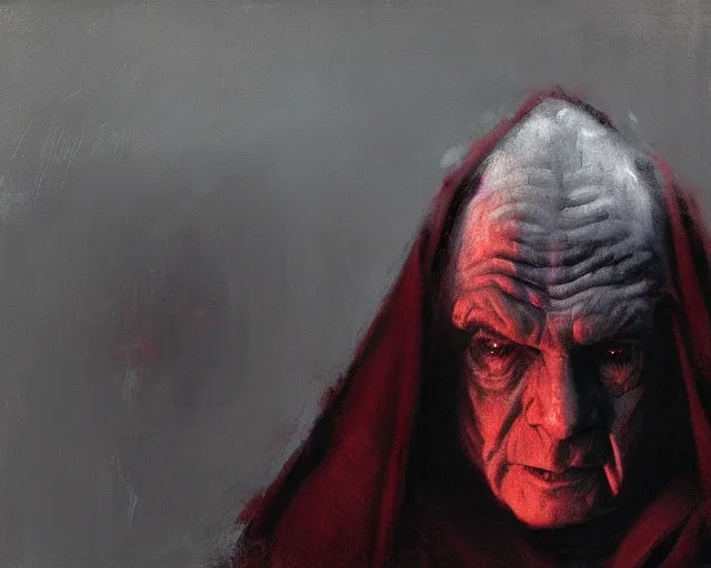 Image similar to portrait of emperor palpatine sidious played by ian mcdiarmid with a big hood, in shades of grey, but with red, by jeremy mann