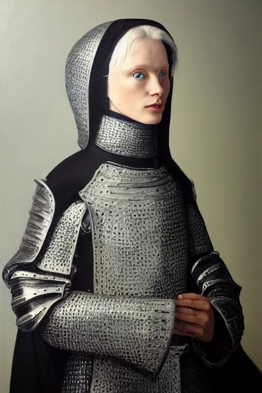 Image similar to hyperrealism oil painting, close - up portrait of albino medieval fashion model, knight, steel gradient mixed with nebula sky, in style of baroque