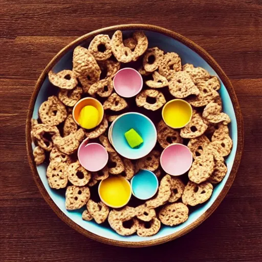 Prompt: “tiny people swimming in a cereal bowl, food photography”