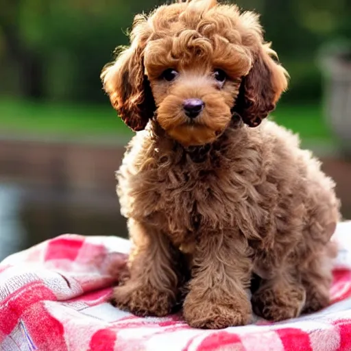 Prompt: very realistic cute light brown poodle puppy sitting inside a tea cup