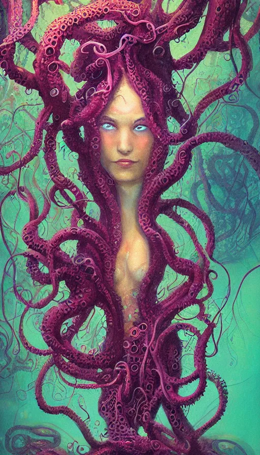 Image similar to very detailed portrait of a 2 0 years old girl surrounded by tentacles, the youg woman visage is blooming from fractal and vines, by paul lehr,