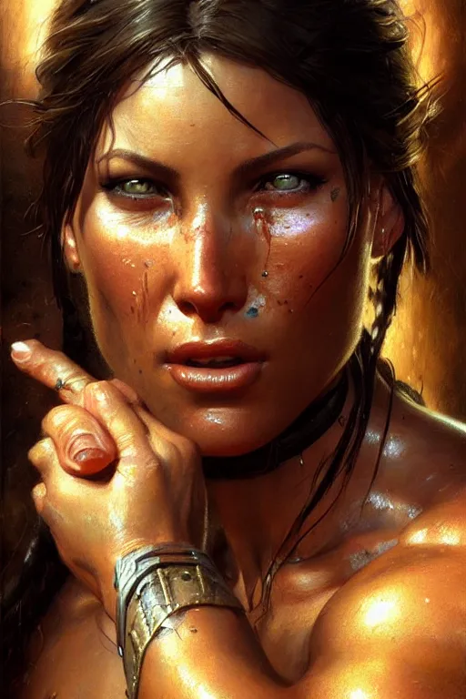 Image similar to muscular sweat lara croft, face close up, highly detailed painting by gaston bussiere, craig mullins, j. c. leyendecker 8 k