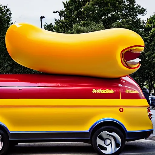 Prompt: very weird, very wrong concept of the Oscar Mayer Wienermobile on the street, photograph