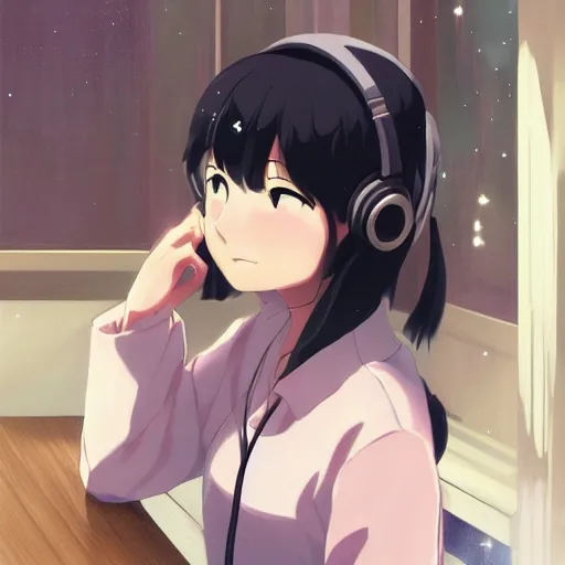 weak-caribou574: a girl [anime-style] using headphones, listenning lo-fi  music, picture for profile.