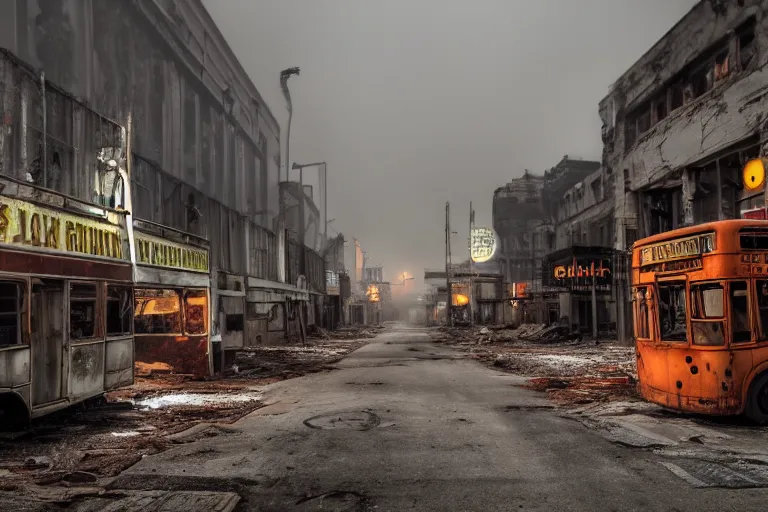 Prompt: low wide angle shot of dilapidated fallout 5, desolate rugged street, dilapidated neon signs, few rusted retro futuristic vintage parked vehicles like cars, ( ( ( buses, trucks, trams ) ) ), volumetric lighting, photorealistic, foggy, early evening, winter, sharp focus, ultra detailed, 4 0 0 0 k