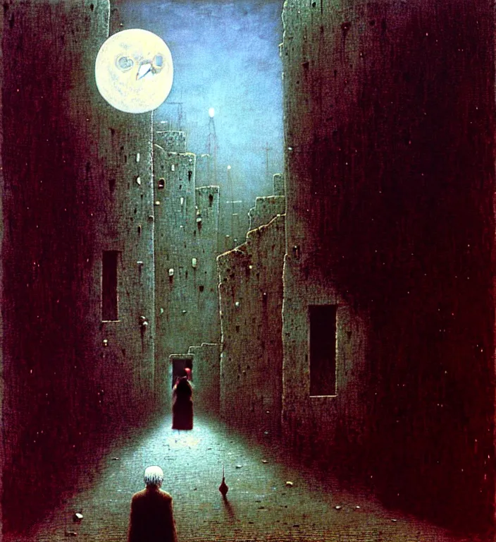 Image similar to old white - headed man under the huge moon on a street of ruined city by beksinski