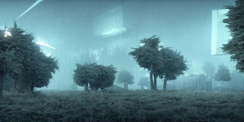 Image similar to photorealistic 3D art of dystopian landscape with a big cube emitting plasma beams, fluffy trees, 4k, extremely detailed, ultra realistic, by Annibale Siconolfi, Maxon Cinema 4D, Otoy Octane, Adobe Photoshop, Adobe After Effects, complex 3D scene