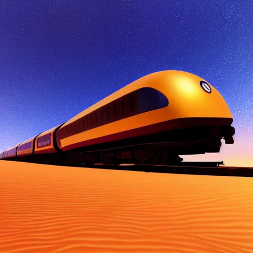 Image similar to futuristic train in a desert, painting, octane render, 4 k, anime sky, warm colors