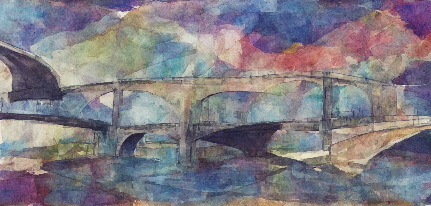 Prompt: bridge over a river , angular, splotches, soft outlines, high contrast, muted colours