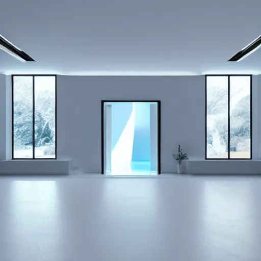 Image similar to white zen clean modern minimalist white room with tiny indoor blue hotspring by peter tarka softly lit well contoured smooth fair walls, up close shot, sharp focus, zen, clean, modern minimalist, zaha hadid octane highly render, 4 k, ultra hd,