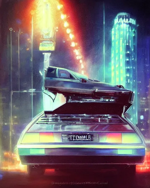 Image similar to donald trump in a flying delorean with doc emmet brown posing for the camera, neon lights, portrait, illustration, rim light, top light, perfectly shaded, spring time, slight overcast lighting, soft painting, art by krenz cushart and wenjun lin