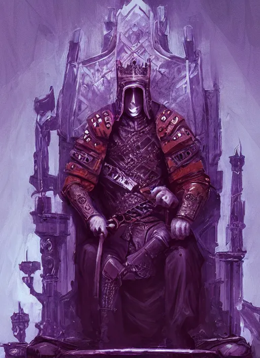 Image similar to a portrait of an old medieval king on the throne, cyberpunk, dark purple color scheme, grim - lighting, high - contrast, intricate, elegant, highly detailed, digital painting, artstation, concept art, smooth, sharp focus, illustration