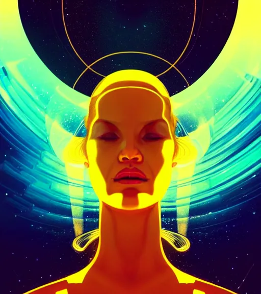 Prompt: a golden woman 2/3 portrait, in space, head breaking apart and spiraling geometry into the sky upwards into the heavens, 3 point perspective, lazer light beaming down to top of her head, by james jean, by syd mead artgerm, featured in artstation,, elegant, Moebius, Greg rutkowski, futurism